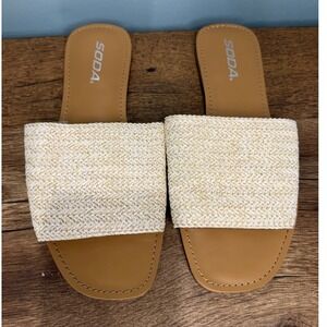 Soda Woven Straw Slide Sandals Cream Flat Square Toe Boho Coastal Travel Beach 7